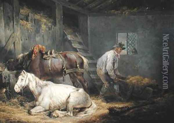 Horses in a Stable 1791 Oil Painting - George Morland