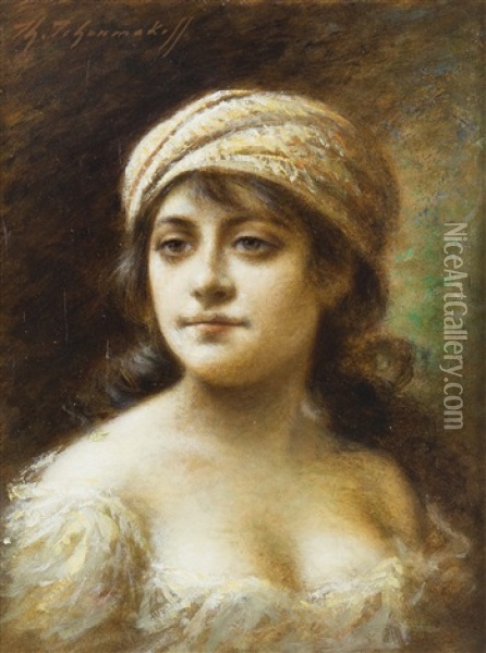 Young Woman In A Turban Oil Painting - Fedor Petrovich Chumakov