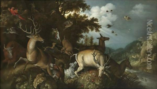 A Wooded River Lanscape With Stags Chased By Huntsmen And Their Dogs Oil Painting - Roelandt Jacobsz Savery