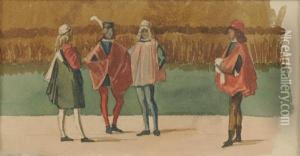 Uomini In Costume Rinascimentale All'aperto Oil Painting - Scipione Vannutelli