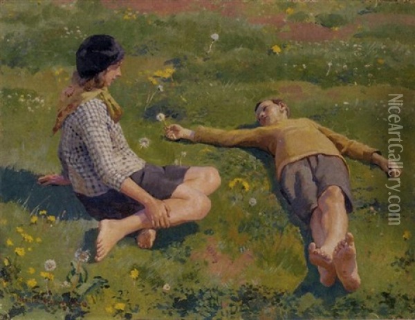 Cornish Children Oil Painting - Harold Harvey