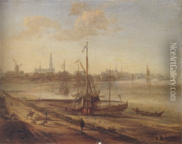 The Estuary Of The Schelde With A Mediterranean Galley Beached, And A Distant View Of Antwerp Oil Painting - Gillis Neyts