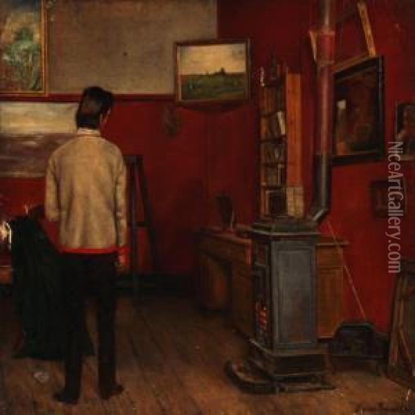 Artist Interior With A Back Turned Man Oil Painting - Hans Ludvig Smidth