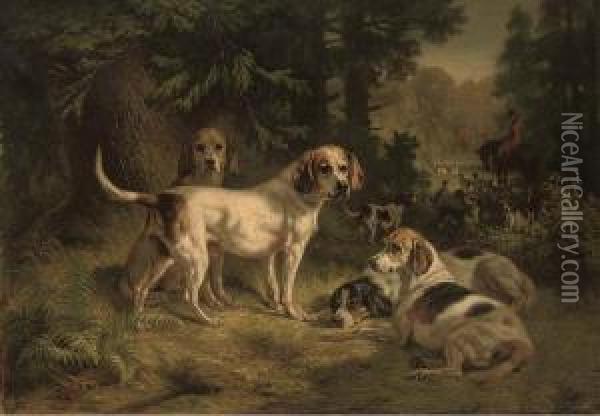 Hounds Resting In A Woodland Clearing With Huntsmen Beyond Oil Painting - Benno Adam