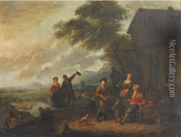 Gatherers Outside A Tavern Oil Painting - Cornelis Dusart