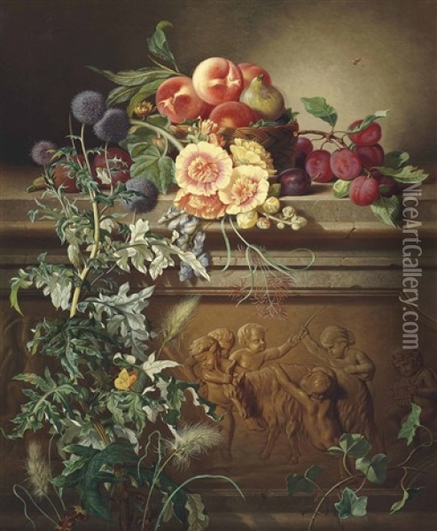 Apples And A Fig In A Basket, Figs And Plums On Stone Ledge Decorated With A Frieze Of Putti And A Goat, With Thistle Oil Painting - Josef Schuster