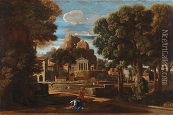 Landscape With The Gathering Of The Ashes Of Phocion Oil Painting - Nicolas Poussin
