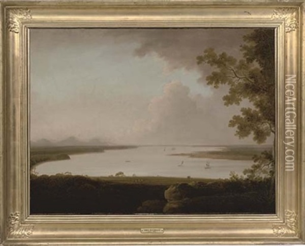 Figures And Boats In An Extensive River Landscape Oil Painting - John Rathbone