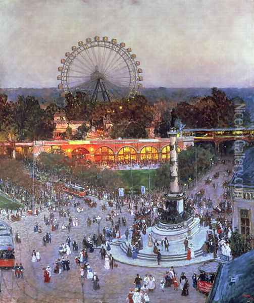 The Admiral Tegetthoff Monument at the Praterstern with the Ferris Wheel, Vienna Oil Painting - Heinrich Tomec