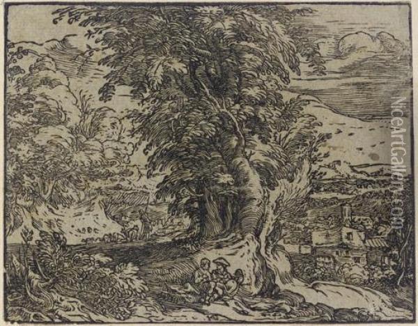 Landscape With Trees And A Shepherd Couple (bartsch 243; Hollstein 379; Strauss 409) Oil Painting - Hendrick Goltzius