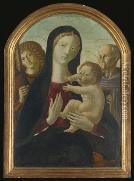 Madonna And Child With Saints Michael And Bernardino Of Siena (collab. W/workshop) Oil Painting - Neroccio di Bartolomeo dei Landi