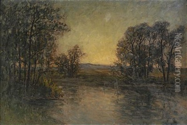 Landskap Med Trad Vid Vatten - Aftonljus Oil Painting - Per Ekstroem