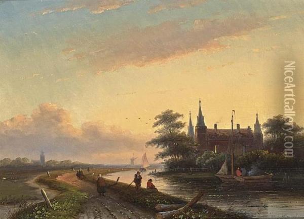 Anglers In A River Landscape Oil Painting - Jan Jacob Coenraad Spohler
