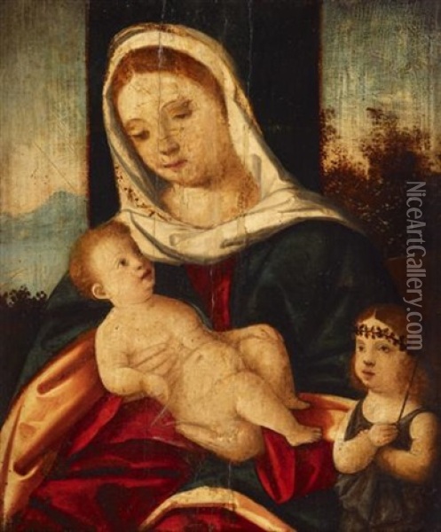 The Madonna And Child With The Infant Saint John The Baptist Oil Painting - Francesco Di Simone Da Santacroce