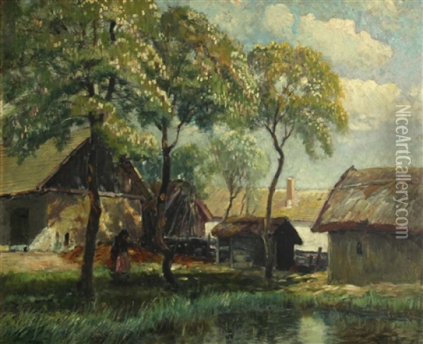 Farm Buildings With A Figure By A Pond Oil Painting - Ignac Ujvary