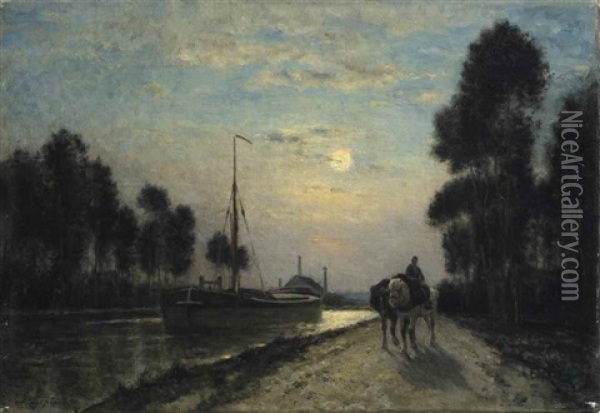 Le Canal De L'ourcq. Chemin De Halage, Effet De Lune Oil Painting - Stanislas Lepine