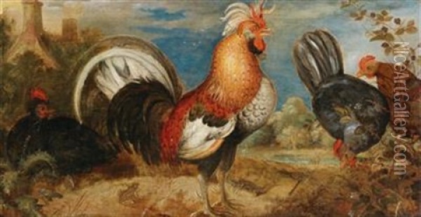 A Rooster And Chicken In A Landscape Oil Painting - Roelandt Savery