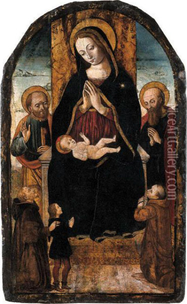 Madonna Con Bambino Ed I Santi Pietro E Paolo Con Un Donatore E Duefrati Francescani Oil Painting - Bernardino Di Lorenzo Di Cecco