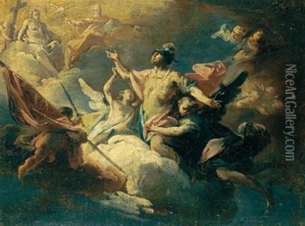 Santo Guerriero Portato In Cielo, In Alto A Sinistra La Trinita (sketch) Oil Painting - Carlo Innocenzo Carlone