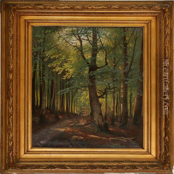 Two People On A Forestroad At Spring Time Oil Painting - Siegfried A. Sofus Hass