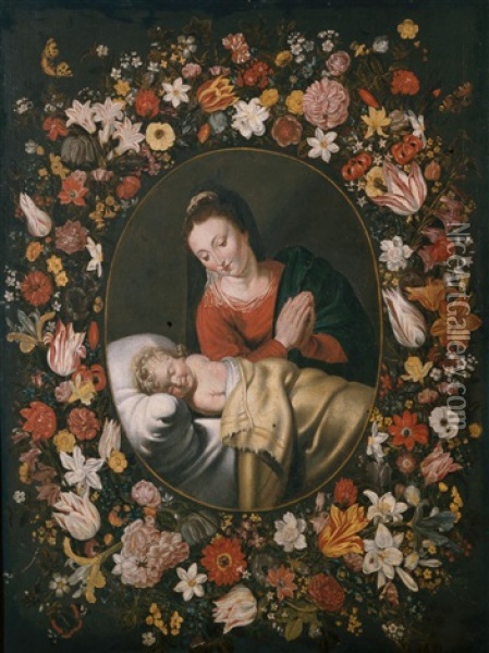 Madonna Mit Dem Schlafenden Kind In Einem Blumenkranz Oil Painting - Jan Brueghel the Elder