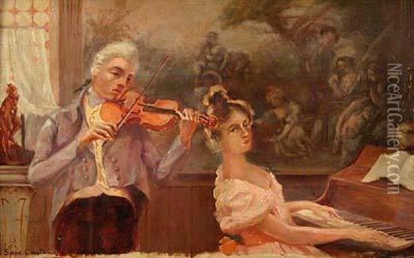 Duo De Violin Y Piano. Oil Painting - Francesc Sans Castano