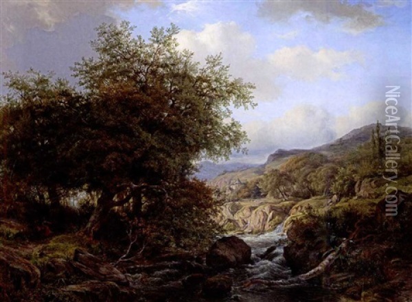 Shepherds By A Stream In A Rocky Landscape Oil Painting - Johannes Gijsbertus van Ravenswaay