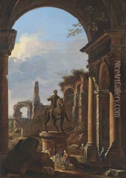 A Capriccio Of Classical Ruins With Figures Beside The Equestrian Statue Of Emperor Marcus Aurelius Oil Painting - Giovanni Paolo Panini