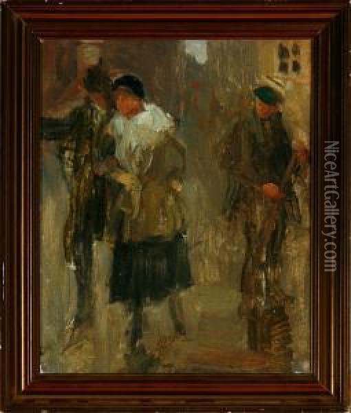 A Man And A Woman Walking On A Street Oil Painting - Erik Henningsen