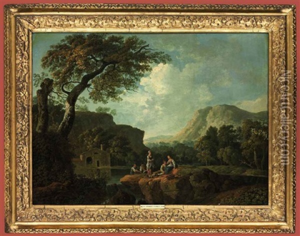An Italianate River Landscape With An Angling Party, Mountains Beyond Oil Painting - George Barret
