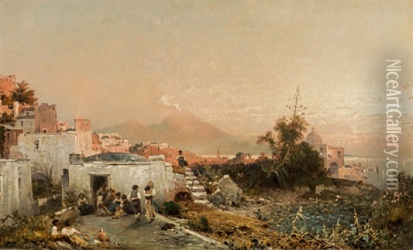 The Bay Of Naples With Vesuvius In The Background Oil Painting - Franz Richard Unterberger