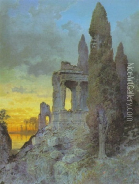 Antike Ruine Bei Sonnenuntergang Oil Painting - Ferdinand Knab