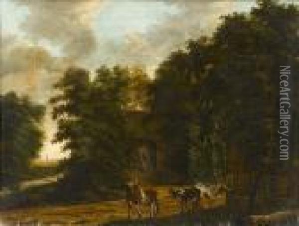 A Wooded Landscape With Cattle On A Path Before A Farmstead Oil Painting - Salomon Rombouts