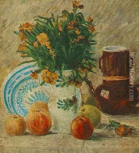 Vase With Flowers Coffeepot And Fruit Oil Painting - Vincent Van Gogh