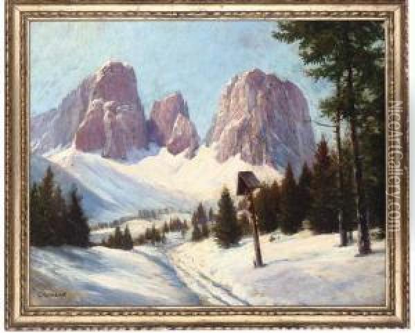A Crucifix Beside The Pordoi Pass, The Sasso Lungo Covered In Snow Beyond Oil Painting - Ludwig Gebhardt