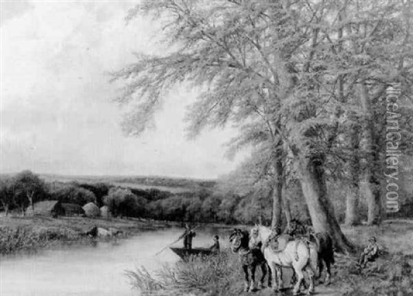 Extensive English Landscape With Figures Boating Across A Stream And Horses Resting On The Bank Oil Painting - George A. Boyle