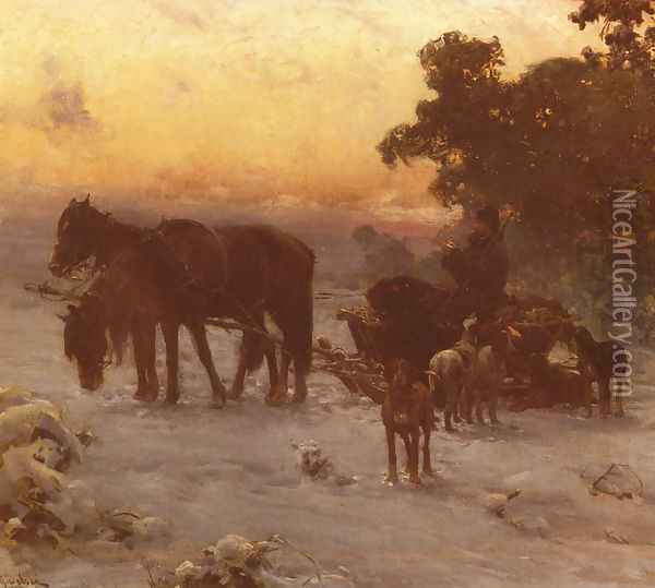 A Journey In Winter Oil Painting - Alfred Wierusz-Kowalski