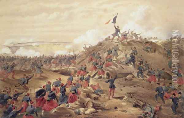 The Attack on the Malakoff, plate from The Seat of War in the East, pub. by Paul and Dominic Colnaghi and Co., 1856 Oil Painting - William Simpson
