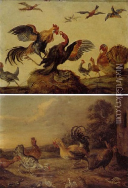 Combats De Coqs Sur Une Meule De Paille Oil Painting - Jan van Kessel the Younger