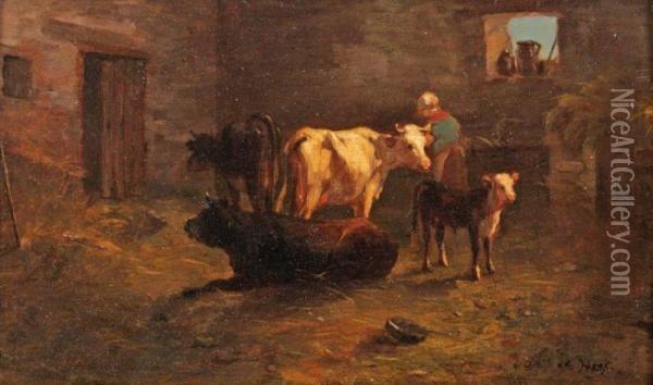 Vaches A L'etable Oil Painting - Johannes-Hubertus-Leonardus de Haas