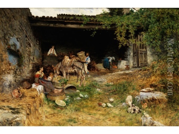 Italienische Weinbauern Bei Der Weinpresse Oil Painting - Aurelio Tiratelli
