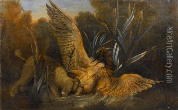  Chien Barbet Attaquant Un Butor  Oil Painting - Jean-Baptiste Oudry
