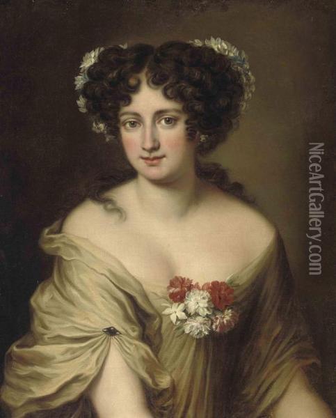 Portrait Of Contessa Ortensia 
Ianni Stella, Bust-length, In Anivory Chemise, With Flowers In Her Hair Oil Painting - Jacob Ferdinand Voet