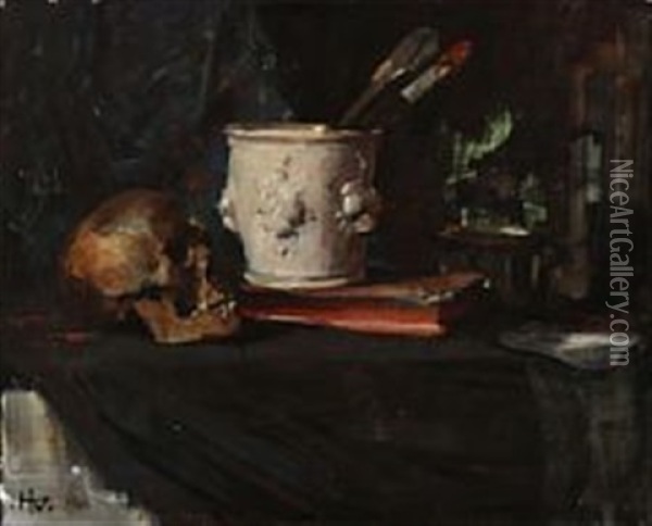Still Life With Paint Brushes And A Skull Oil Painting - Herman Albert Gude Vedel