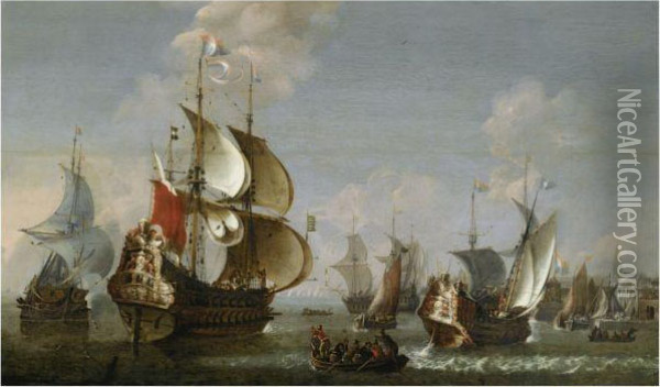 The Dutch Flagship The 'seven Provinces' And Other Shipping Beforethe Town Of Vlissingen Oil Painting - Johannes Becx