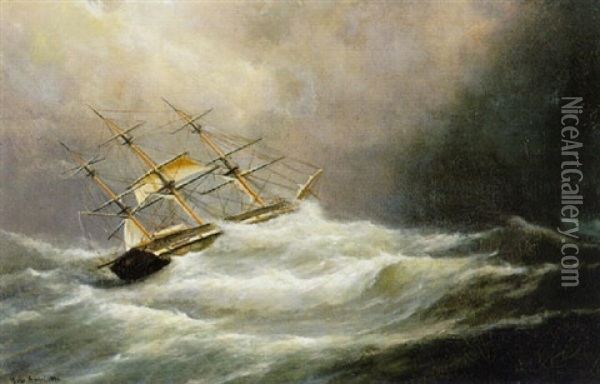 A Three-mast In A Storm Oil Painting - Simon Van Brakel