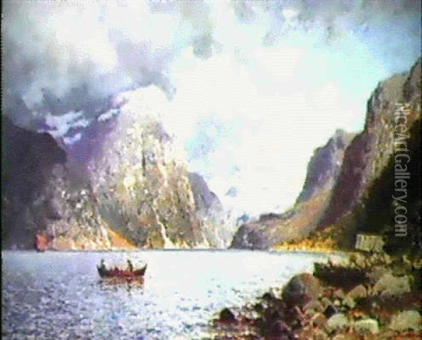 Fjordlandskap Med Roddbat Oil Painting - Adelsteen Normann