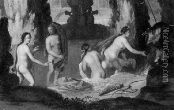 Diana Und Drei Gefahrtinnen Beim Bade Oil Painting - Cornelis Van Poelenburgh