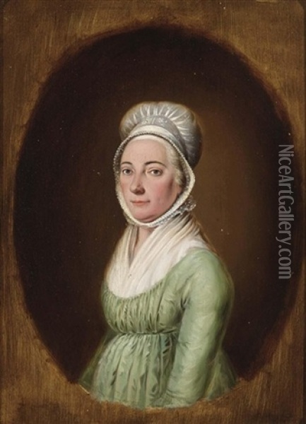A Portrait Of A Young Lady Wearing A Green Dress And A White Lace Hairdress Oil Painting - Johannes Christiaan Janson