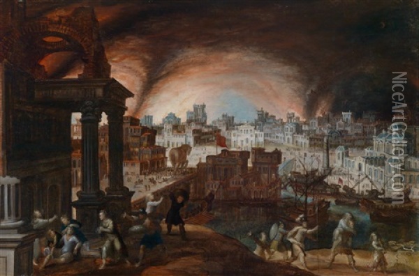 Aeneas Seinen Vater Anchises Aus Dem Brennenden Troja Heraustragend Oil Painting - Hendrick van Cleve III